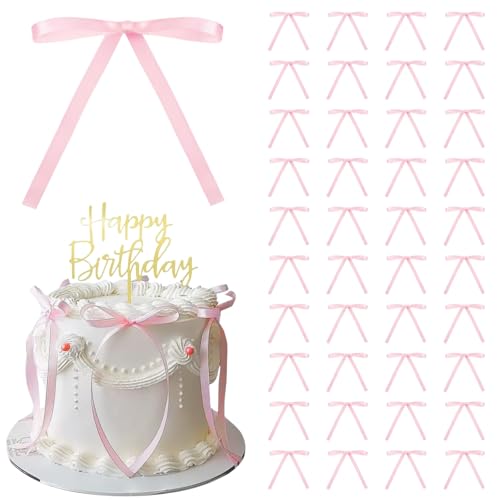 LUFFLOK 40 Piezas Decoraciones de Tartas de Rosa Claro, Decoración de Cupcakes de Espuma de Bow Tie, Decoraciones de Pastel para Baby Shower y Tarta Cumpleaños de Niñas, Mujeres (Rosa)