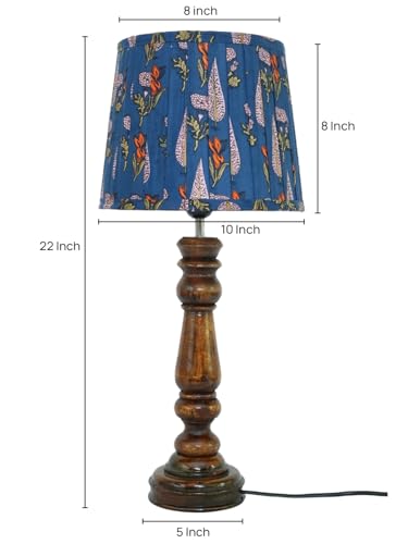 Image of Green Girgit Classic Wooden Lamp in Walnut Brown Color with Pleeted Multiolor Blue Leaf Shade, Vintage Wooden Table Lamp with Floral Print Shade, Decorative Light for Bedroom (LED Bulb Included)