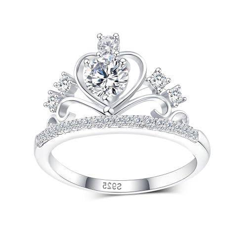 925 Sterling Silver Cubic Zirconia Crown Rings for Women Love Heart Simulated Dimond Eternity Band Rings 18K White Gold Plated S925 Promise Wedding Statement Engagement Rings Gift for Her Size 9