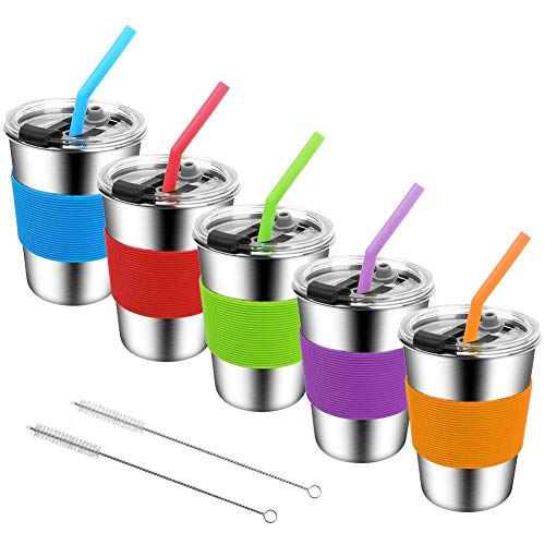 Spill Proof Kids Cups with Lids and Straws,12oz Stainless Steel Kids Tumbler with Straw,Metal Unbreakable Toddler Drinking Cups Glass with Lid,Leak Proof Sippy Cups with Lid for Kids and Adults