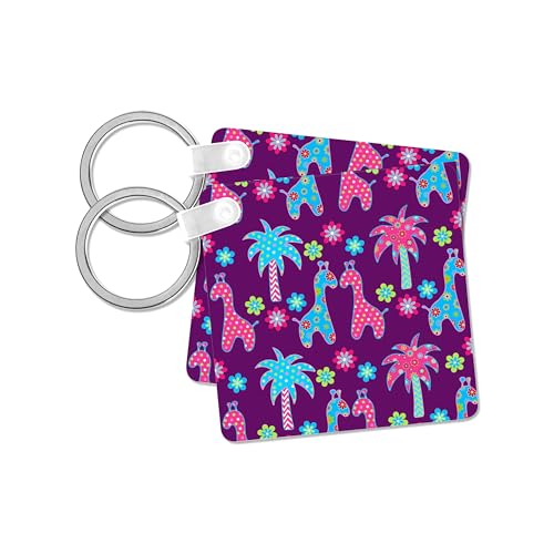 3dRose, giraffe, palm trees, bright pink, flower pattern, bright blue, colorful, cute, for kids, set of 2 Key Chains