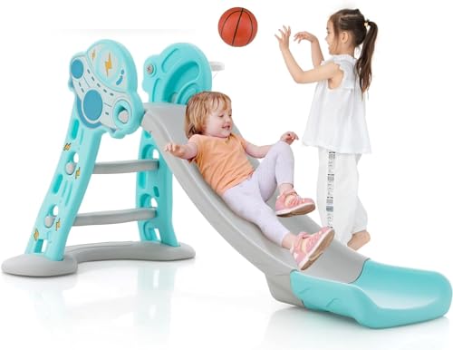 Toddler Slide, 3 in 1 Foldable Kids Slide Indoor Slideway with Basketball Hoop, Outdoor Climber Freestanding Playset, Extra Long Slipping Slope Sturdy Plastic Playground Toy (Blue)