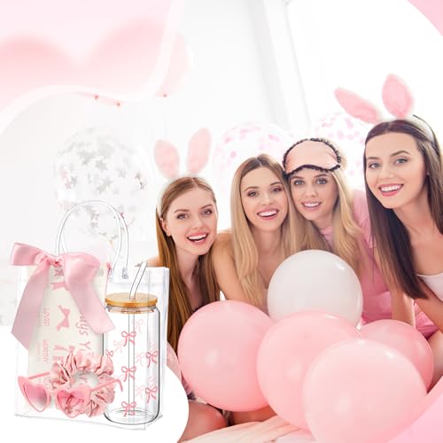 Maxdot Christian Pink Bow Gift Set, 16 oz Coquette Bow Glass Cup, Christian Makeup Bag, Pink Sunglasses, Scrunchie, Preppy Coquette Stuff with Gift Bag for Women Girls Bestie Party Favors4