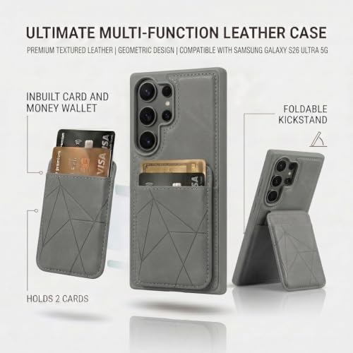 Image of amazon basics Premium Vegan Leather Back Cover with Card Holder and Integrated Mobile Stand for Samsung Galaxy S26 Ultra 5G - Slim Shockproof Wallet Case with Geometric Stitching [Gray]