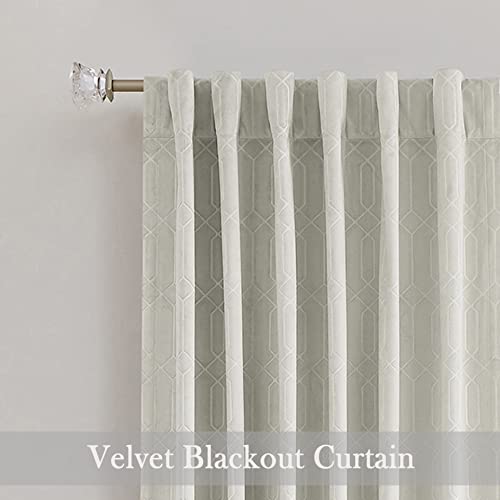 Greyish Ivory Velvet Blackout Curtain Panels 60% Room Darkening Window Treatment Drape Sets Rod Pocket Back Tabs Geo Embossed Trellis Pattern, For Living Room, Bedroom, Nursury, Kids Room, 52"X95"X2 #TOP5