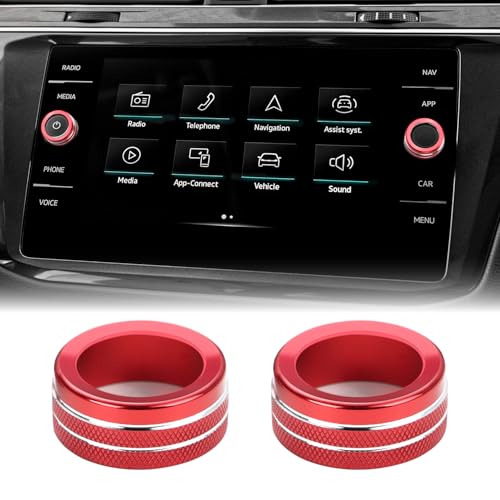 Auovo Radio Knob Covers Compatible with Volkswagen VW Accessories Tiguan Taos Jetta Atlas Arteon Golf Aluminum Alloy Audio Knob Cover Audio Volume Button Ring (Red, 2pcs)