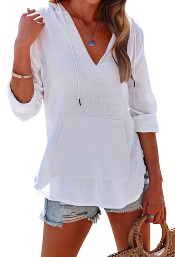 Chemise de plage col en V blanche en taille XXL au tombé fluide et aérien