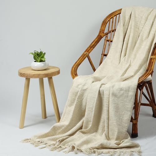 Image of Handwoven 100% Pure Cotton Throw Blanket - 50x60 Inch Soft Sofa Throw for Couch, Bed & Living Room - Lightweight Natural Off White Farmhouse Blanket - Boho Decor, Blanket for Travling (Cream)