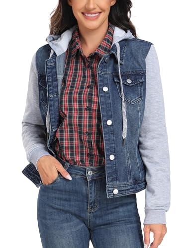 J.Corrine Women's Classic Casual Hooded Denim Jacket Drawstring Vintage Washed Jean Jacket Sweatshirt with Pockets3