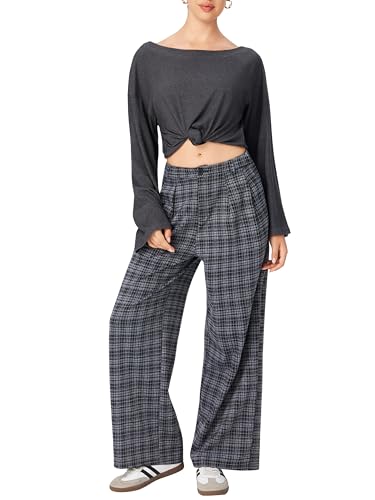 CIDER Plaid Wide Leg Pants for Women with Pockets Mid Waist Checkered Pants Business Casual Trousers Trendy2