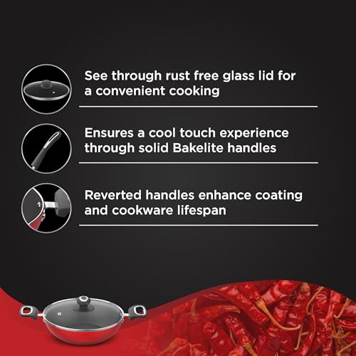 Image of Preethi Dura Collection Non Stick Kadai, 24 cm, with Glass Lid, Gas & Induction Compatible, 5 Star Non Stick Effect, Chilly Red
