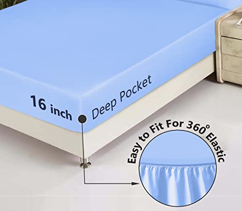 Ruvanti 100% Cotton Sheets For Queen Size Bed - Crispy Cooling Percale Sheets - Breathable & Durable Queen Sheet Set - 16 Inches Deep Pocket Queen Size Sheets - Blue - 4 Pieces #TOP3