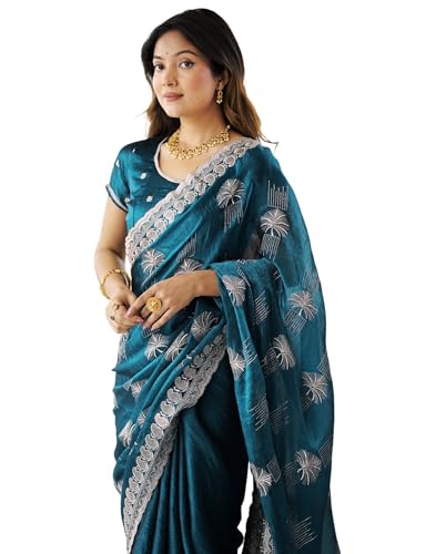 Image of SIRIL Women's Chiffon Scalloped Border Sequins Embroidery Saree with Unstitched Blouse Piece