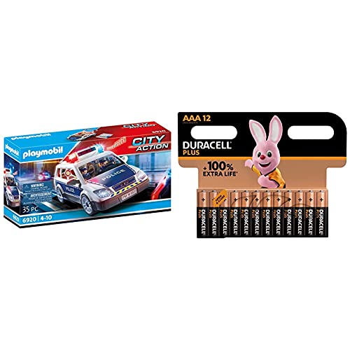 Playmobil - Voiture de Policiers avec Gyrophare et Sirène - 6920 + Piles alcalines AAA Duracell Plus, 1.5V LR03 MN2400, Paquet de 12
