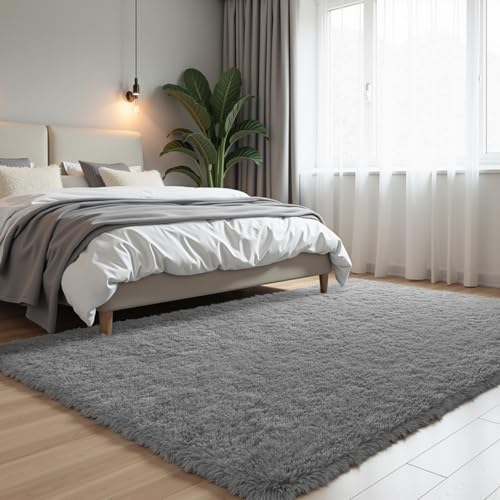 Zentavio Area Rugs for Living Room Large Rugs for Bedroom 6x9 Carpet Fluffy Furry Soft Shag Aesthetic Plush High Pile Gray Throw Rug for Nursery Kids Room Dorm Light Grey