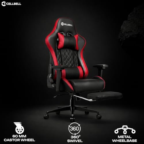 Image of CELLBELL Shadow FT Ergonomic Gaming Chair with Footrest Premium PU Leather 4D Armrests 180 Degree Recline Class 4 Hydraulic Tilt Lock Diamond Design Heavy Duty Base 60mm Wheels (Red)