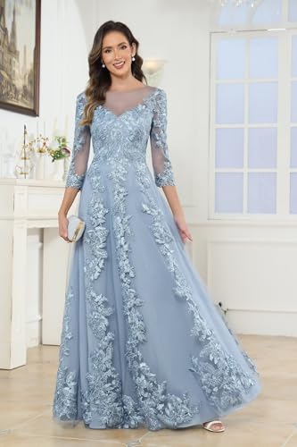 Sukleet Tulle Lace Mother of The Bride Dress for Women 3/4 Sleeves Scoop A Line Long Formal Evening Dress4