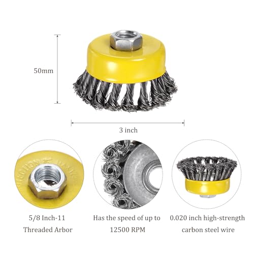 Image of Twisted Knotted Wire Cup Brush for Angle Grinder - [3 Inch] for Paint Stripping Cleaning Rust Duty Abrasive, 5 /8 Inch-11 Threaded Arbor, .020 Carbon Steel Wire, Yellow