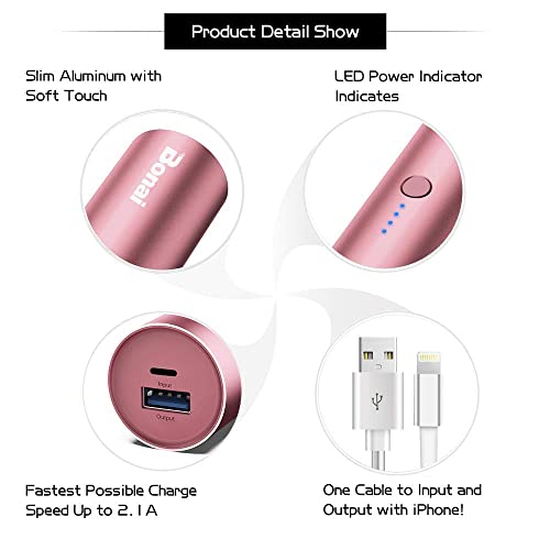 Bonai Portable Charger Iphone 5000Mah Power Bank Cylindrical Ultra-Compact External Backup Battery Compatible With Iphone 13 12 Ipad Ipod Samsung Tablets - Rose Gold (With An 8-Pin Charging Cable) #TOP4