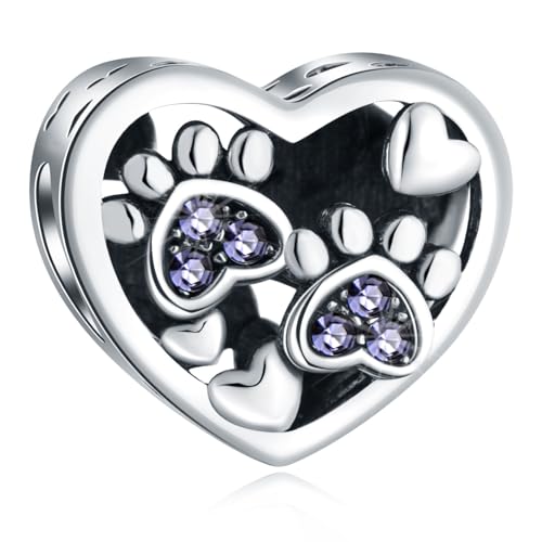 CRISNATA Abalorio de huella de perro con cristal de Brithstone, plata de ley 925, cuenta de corazón con huella de pata, se adapta a collares de pulsera de animales europeos, regalos para mamá, mejor