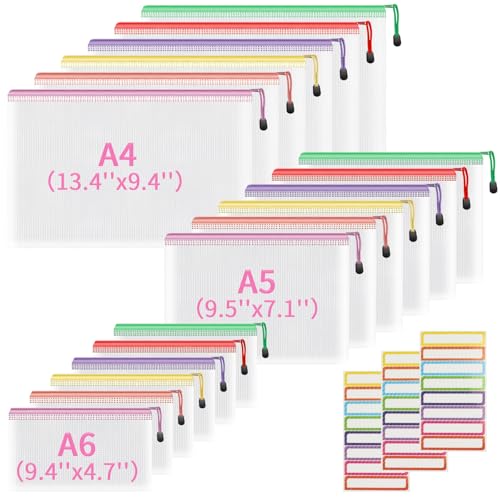18 Stück Dokumententasche mit Reißverschluss,3 Größen Dokumententasche A4+A5+A6 Kunststoff Mesh Datei Taschen Dokumententaschen für Schule, Zuhause, Büro, Reisen, Kosmetika (6 Farben)