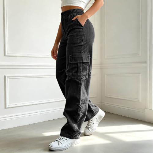 Corduroy Cargo Pants Women Elastic Waist Casual Hiking Pants with Pockets - image 3