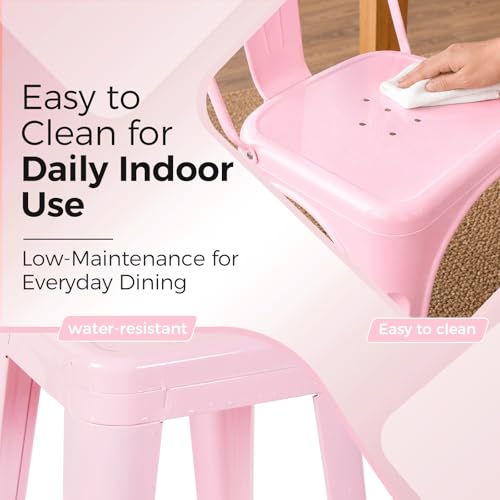 Image of Metal Dining Chairs with Backrest, Stackable, Pink, 4 Pack | Easy Assembly, Non-Slip Feet, 330 lb Capacity, Kitchen, Restaurant, Cafe, Pub, Covered Patio