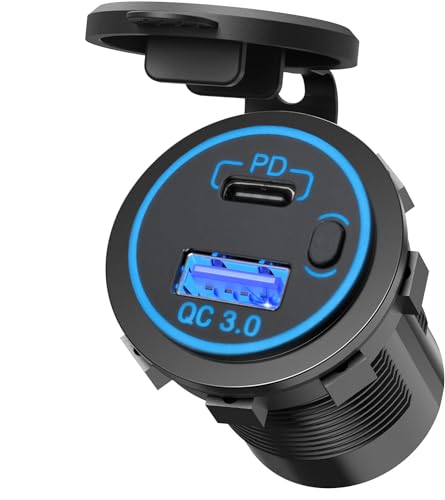 MGI SpeedWare Dual USB Port Charger Socket for Cars Boat and Trucks, 12V 24V 36W PD Type-C Socket + QC3.0 Quick-Charge, with Start Button and Blue LED Ring