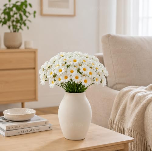 Image of Divyakosh Artificial Daisy Flowers Bunch for Home Decor, Pack of 5 with 150 White Flowers, Faux Floral Arrangement for Vase, Living Room, Wedding, Festive & Party Decoration