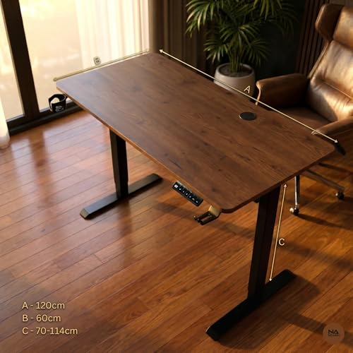 Image of Velocity Electric Height Adjustable Desk | No Split No Cut | 80 Kg Weight Capacity | 5 Year Warranty | Sit-Stand Ergonomic Table | 18mm One Piece Top | 3 Memory Preset (Rust, Table top - 120cm)