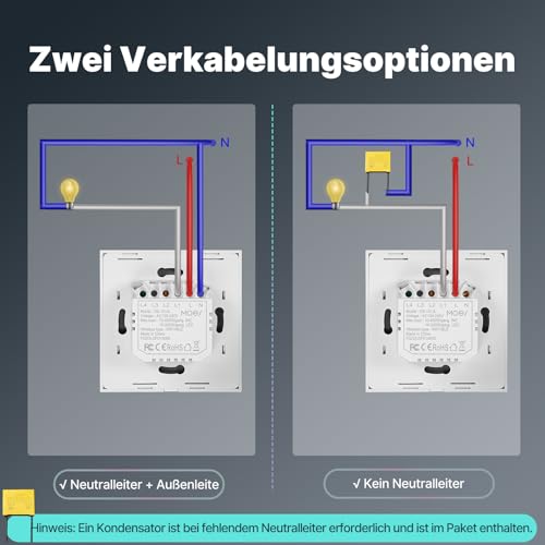 MOES Smart Alexa Wlan Lichtschalter ohne Neutralleiter, Wifi Touch Schalter Unterputz mit Speicher nach dem Ausschalten, Smart Life/Tuya app, Kompatibel mit Alexa und Google Home,1 Fach 1 Wege