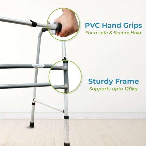 Image of EverActiv Mild Steel Height Adjustable Double Bar Folding Walker for Adults & Seniors | Grey Finish | Non-Slip Handles | Adjustable Legs | Heavy-Duty Frame