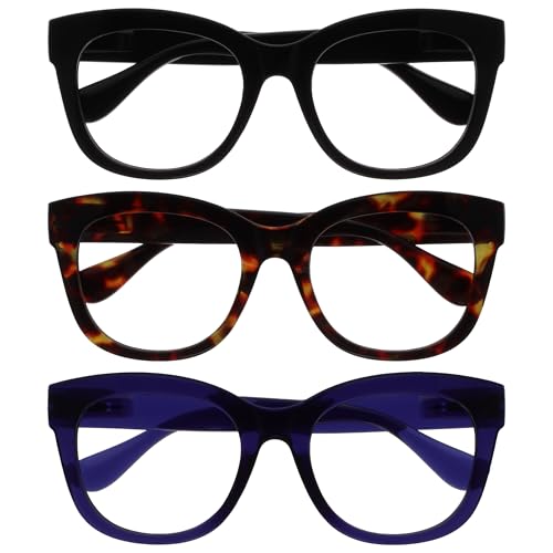 OPULIZE BIG Gafas de Lectura de Bloqueo de Luz Azul para hombre y mujer, Moda con Marco Grande - Lentes Antirreflectante Antideslumbrante - Pacquete de 3 - Protección UV - Negro Marrón Azul +3,00