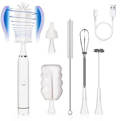Image of 6 Packs Baby Bottle Brush Set, Electric Bottle Brush with Sponge Silicone Nipple Brushes, Milk Foam Whisker Head & Straw, Rechargeable Water Bottle Cleaner for Pregnancy New Mommy and Daddy