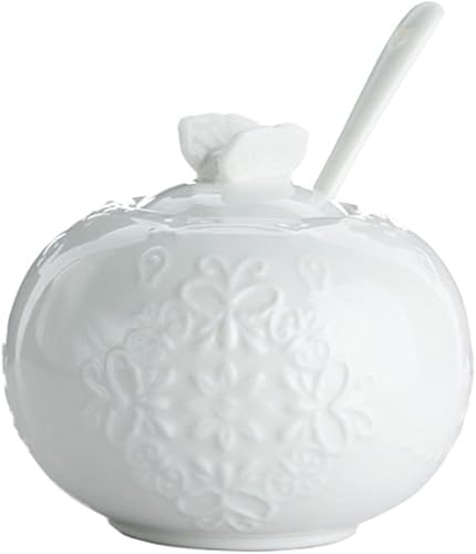 Sizikato Azucarero de porcelana blanca con tapa de mariposa y cuchara, 8 onzas, flor en relieve