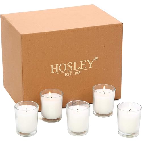 Image of Hosley 20-Pack White Unscented Votive Candles in Clear Glass Holders Hand Poured Wax for Timeless Elegance and Versatile Decor Illuminate Every Moment