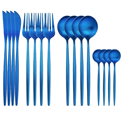 Juego De Cubiertos De 16 Piezas, Cuchillo, Tenedor, Cucharas De Café, Juego De Vajilla, Vajilla De Acero Inoxidable,Azul