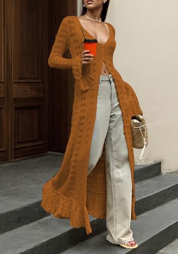 Image of Unybwonn Long Cardigans for Women Crochet Hollow Out Knit Sweater Cover up Maxi Dress Long Sleeve Button Down Cardigan
