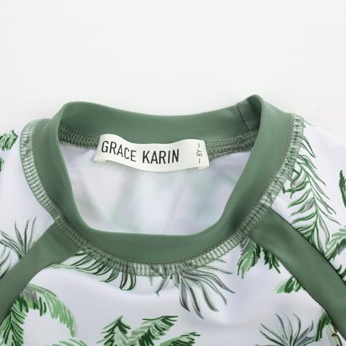 Image of GRACE KARIN Girls Rash Guard Sets Long Sleeve Swimsuit 2Piece Bathing Surfing Suit Summer Beach Sun Protection Swimwear Green Coconut Tree 12-14Y