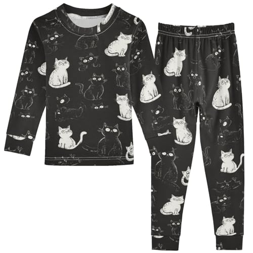 Pigsaly Pajama Set 2 Piece White Black Cats Pajama Sets Long Sleeve Pjs Sleepwear 8Y