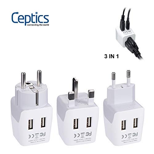 Image of Ceptics Complete European Set Travel Adapter Plug by Ceptics With Dual USB - Type G, E /F, C - London - USA Input - Light Weight - Perfect for Cell Phones, Chargers, Cameras and More - 3 Pack