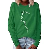 Xmiral Sweatshirt Damen Katze Gedruckt Einfarbig Pullover Slim Fit Langarm O-Ausschnitt T-Shirt Bluse(Grün,L)