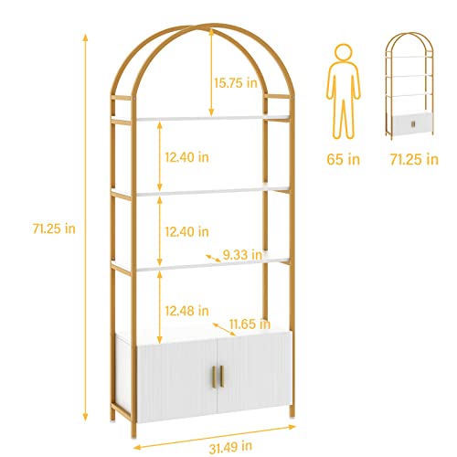 Image of Jehiatek Gold Bookshelf, Arched Bookcase with Doors Storage, 71 inch Tall Industrial Book Shelf with Sturdy Metal Frame, E1 Quality Boards, Freestanding Display Shelving Unit, White and Gold