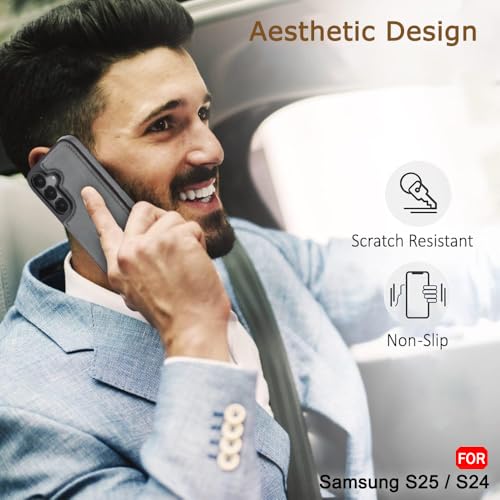 Image of TheGiftKart Genuine Leather Finish Back Cover Case for Samsung Galaxy S25 / S24 5G | Raised Edges for Camera & Screen Protection | Stunning Minimalist Design Back Case Cover (Black Sides, Grey)