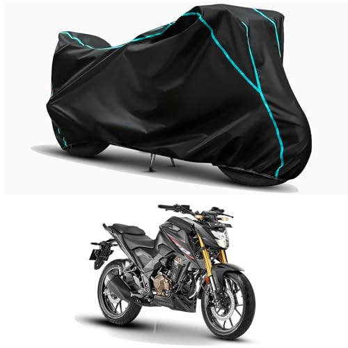 Image of Waterproof Bike Body Cover Compatible for | Honda CB300F Deluxe Pro | Taffeta Fabric, Sky Piping Design, Bottom Elastic Fit | Dustproof, Sun UV & Rain Protection for All Weather.