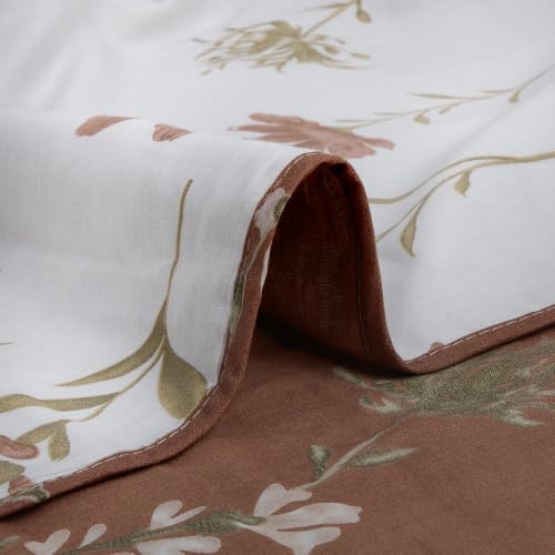 Image of HUESLAND 100% Cotton Reversible Dohar Double Bed Cotton | Soft Cambric Weave, All Weather Light AC Blanket | 86 x 94 inches, Floral - Rust & White