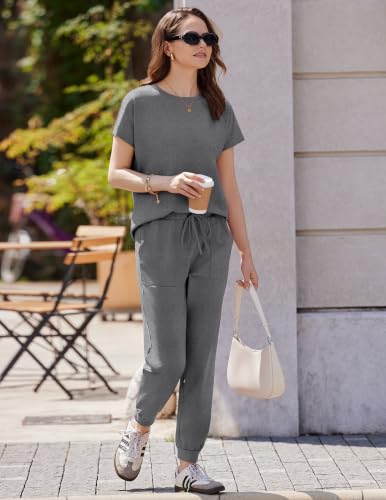 Ekouaer Lounge Sets for Women 2 Piece Cotton Short Sleeve Tops and Pants Sets Casual Outfits Matching Tracksuit Set Dark Gray S — view 3