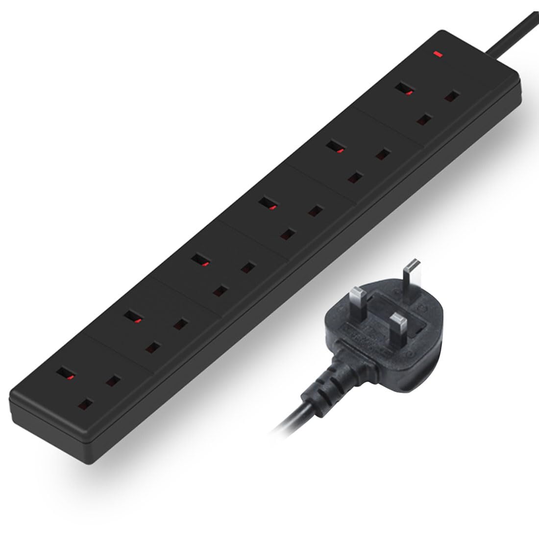 3M 6 Gang Socket Extension Lead UK Pin Plug and Cable Black Multi Socket Mains Strip