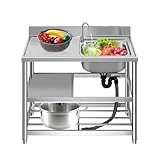 流し台 屋外 ガーデン 業務用シンク プッシュ式排水口 手洗いシンク ステンレス製 蛇口水栓付き 蛇口左右に付けれる 簡易式 キッチン用 ガーデンシンク コンパクト BBQ アウトドアに適用 錆びにくい 簡単取付 農園 工場でも (100-右) [並行輸入品]