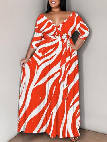 Image of SUZONANA Plus Size Maxi Dresses for Curcy Women Casual Loose 3 /4 Sleeve Long Dress with Belt